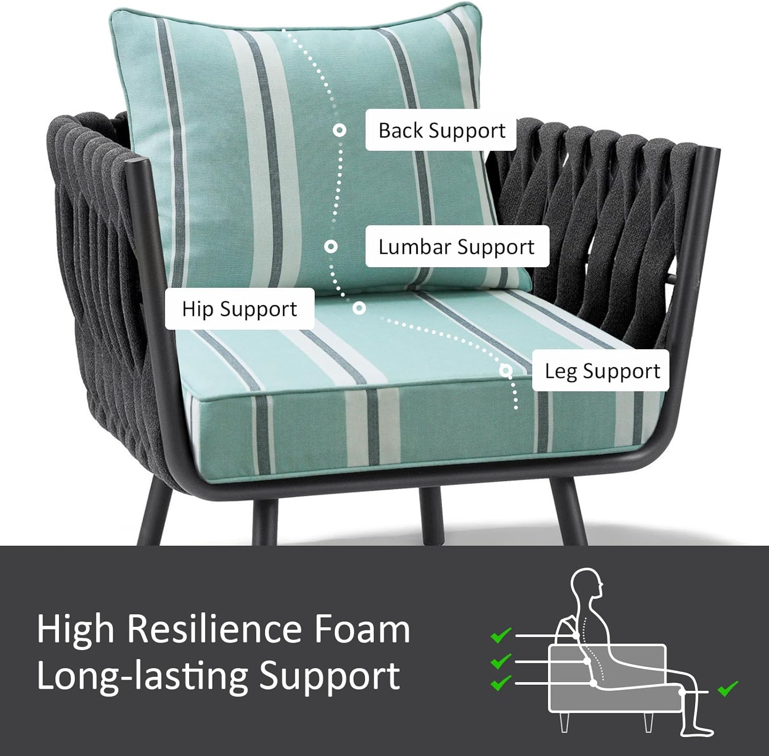 Outdoor Patio Chair Cushions Set, 24" x 24", Set of 2, Water-Repellent, Fade Resistant, Deep Seat Bottom and Back Cushion for Backyard, Couch, Sofa and Patio Furniture, Aqua Stripe