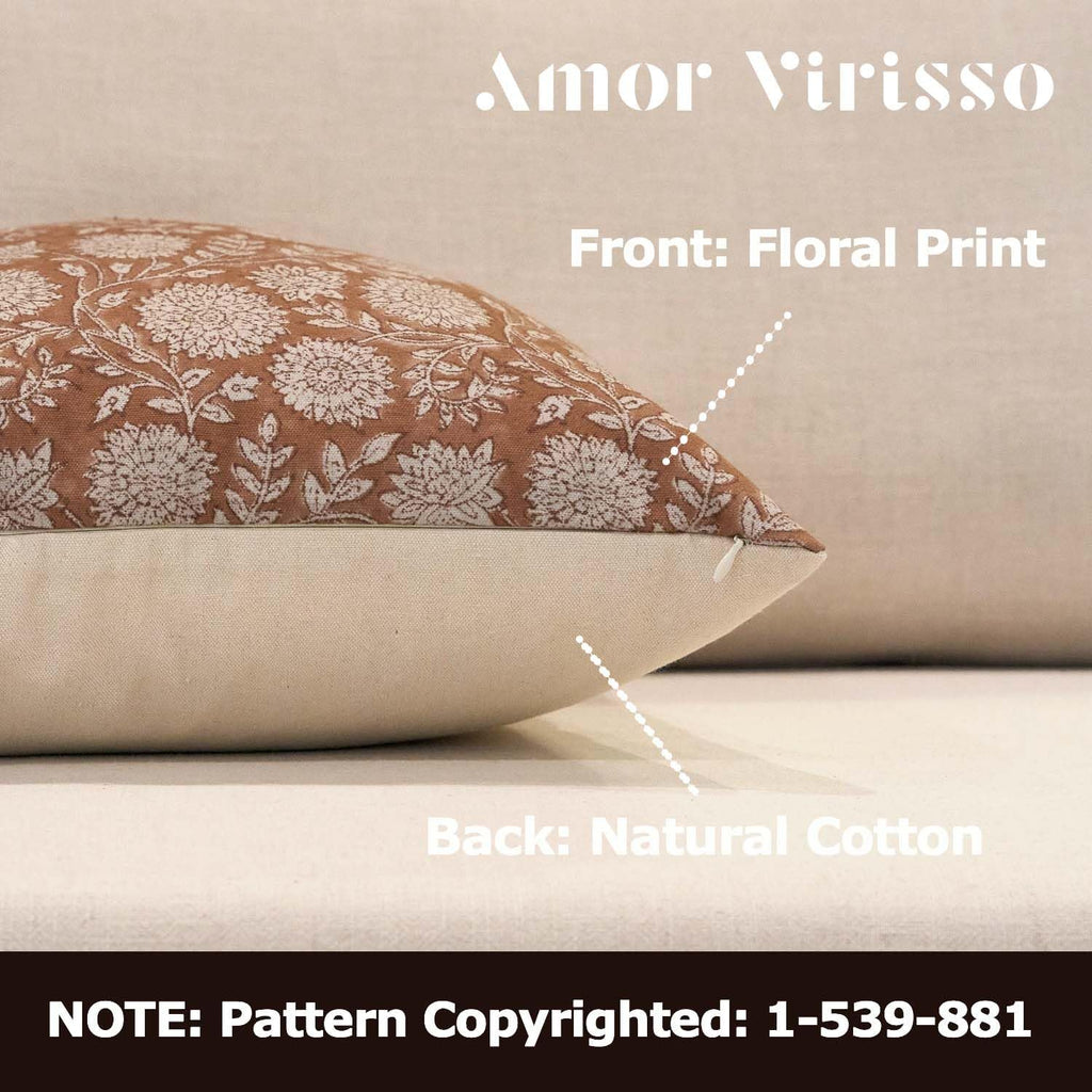 Amor Virisso Floral Throw Pillow Covers 20x20 Block Print Pillow Covers Vintage Neutral Couch Pillows for Living Room Farmhouse Decorative Accent Sofa Pillows, Brownish Orange
