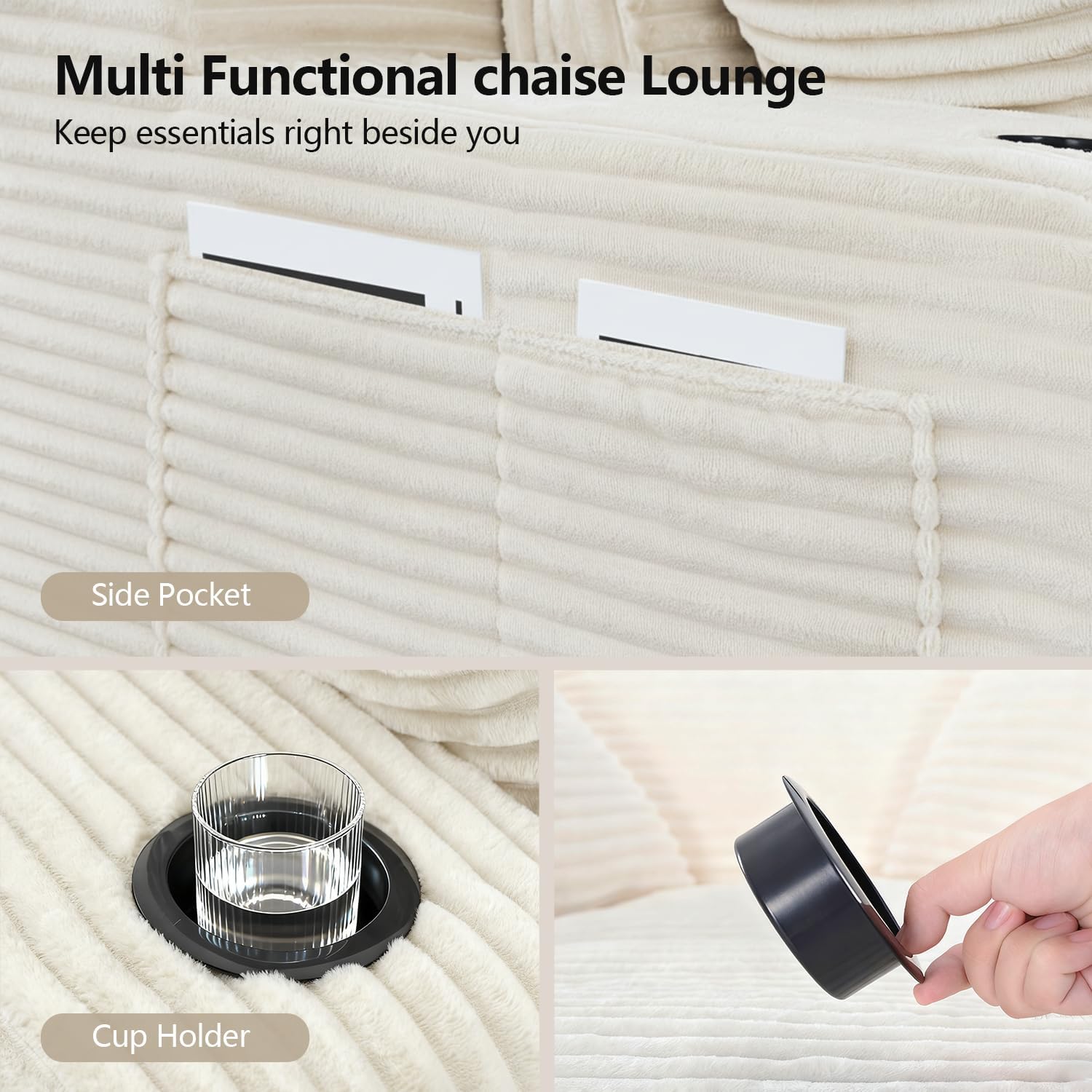 67" Oversized Fluffy Sleeper Chair Indoor, Cozy Cloud Couch with Cup Holders & Throw Pillows, Boneless Chaise Lounge Sofa for Living Room, Movie Room and Apartments, Beige