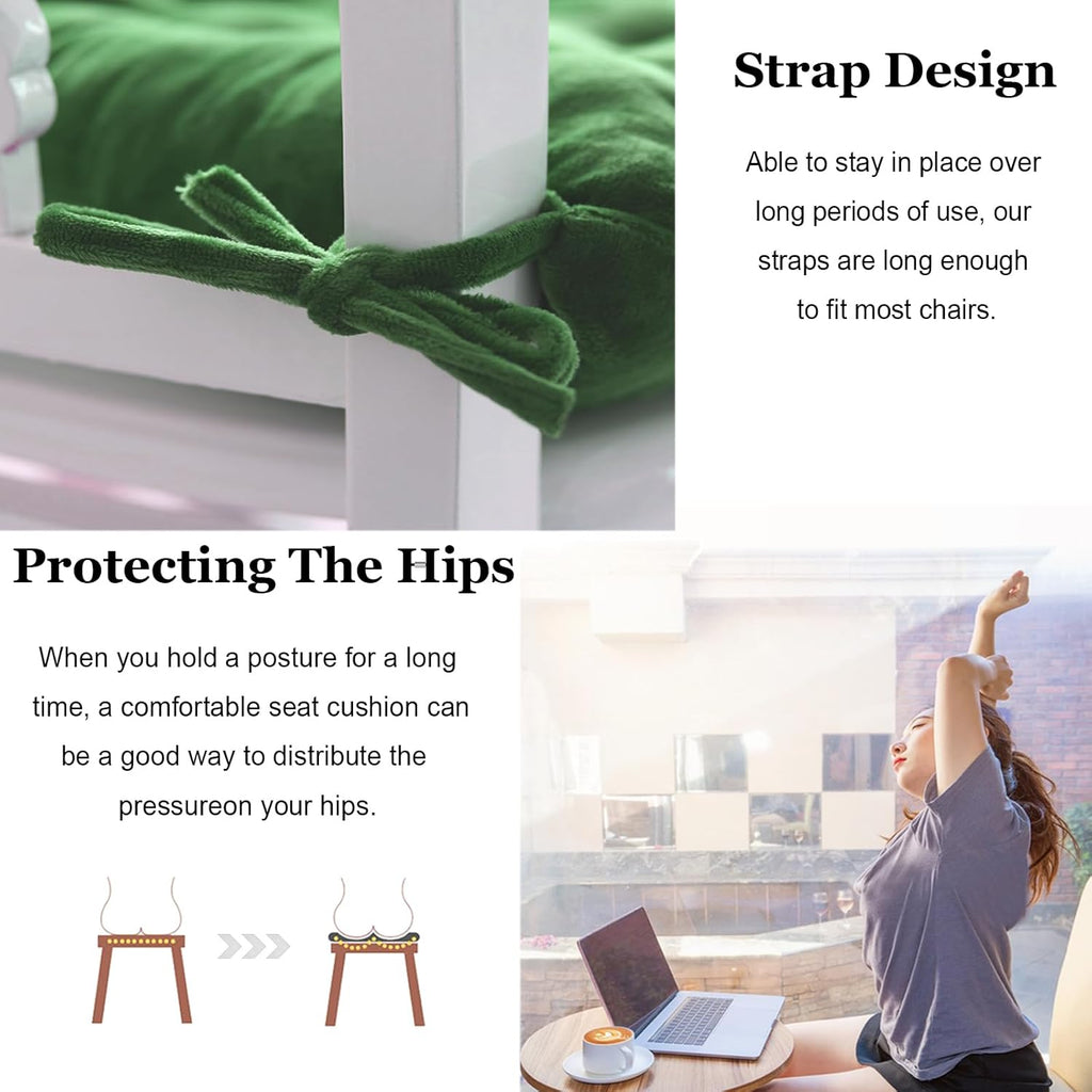 6 Pack Square Seat Cushion Chair Pads for Kitchen Dining Chairs, Soft Comfort Velvet Chair Mat Pillow Cushions with Ties for Office Desk Living Room Tatami 15.5", Green