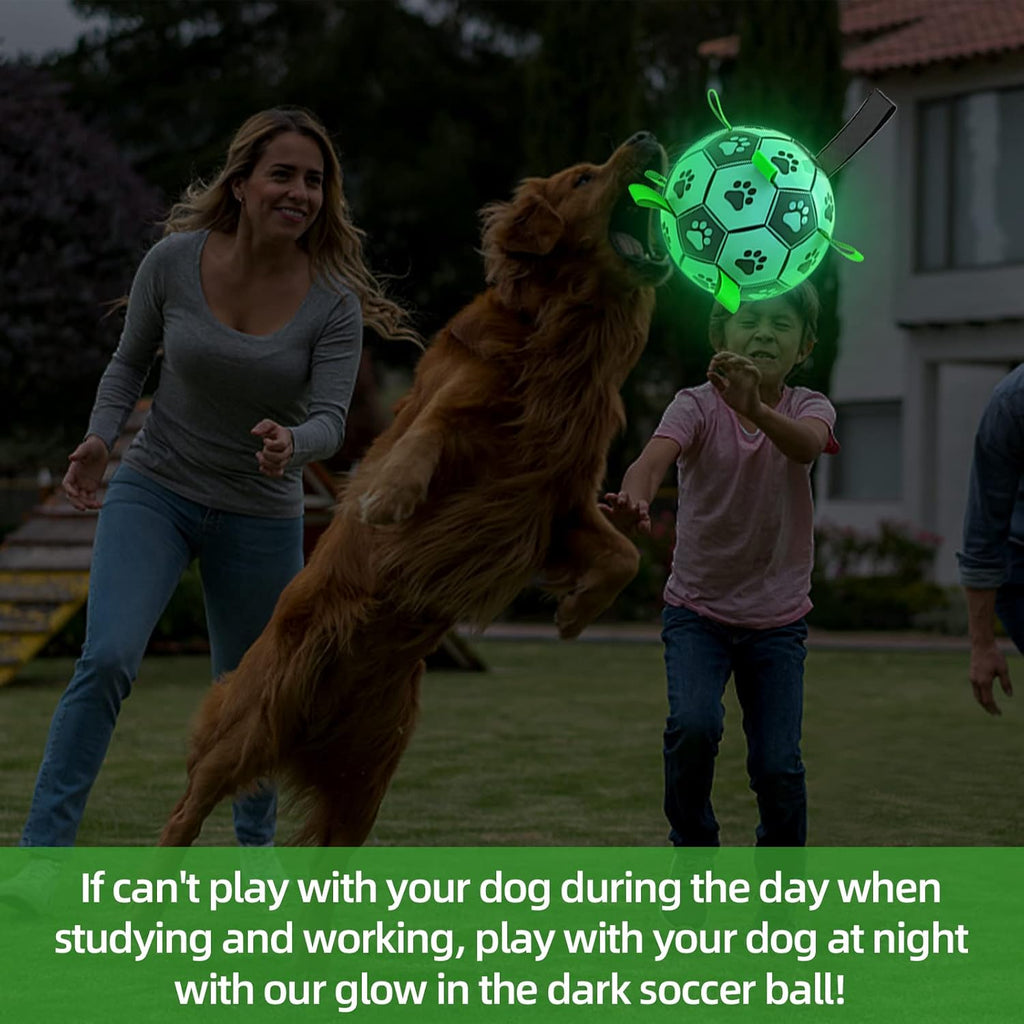 QDAN Glow in The Dark Dog Toys Soccer Ball with Straps, Outdoor Interactive Dog Toys Puppy Birthday Gifts, Dog Tug Water Toy, Light Up Dog Balls for Small & Medium Dogs（6 Inch Size 2）