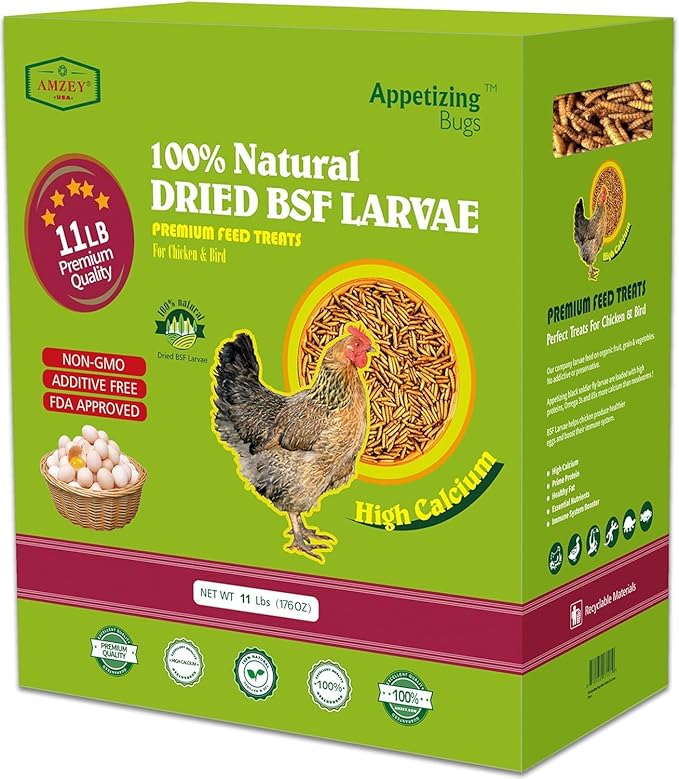 Amzey Dried Black Soldier Fly Larva/Dried Mealworms - 11 LBS - 100% Natural BSF Larvae - 85XMore Calcium Than Mealworms - High Calcium Treats for Chickens, Birds, Reptiles, Hedgehog, Geckos, Turtles