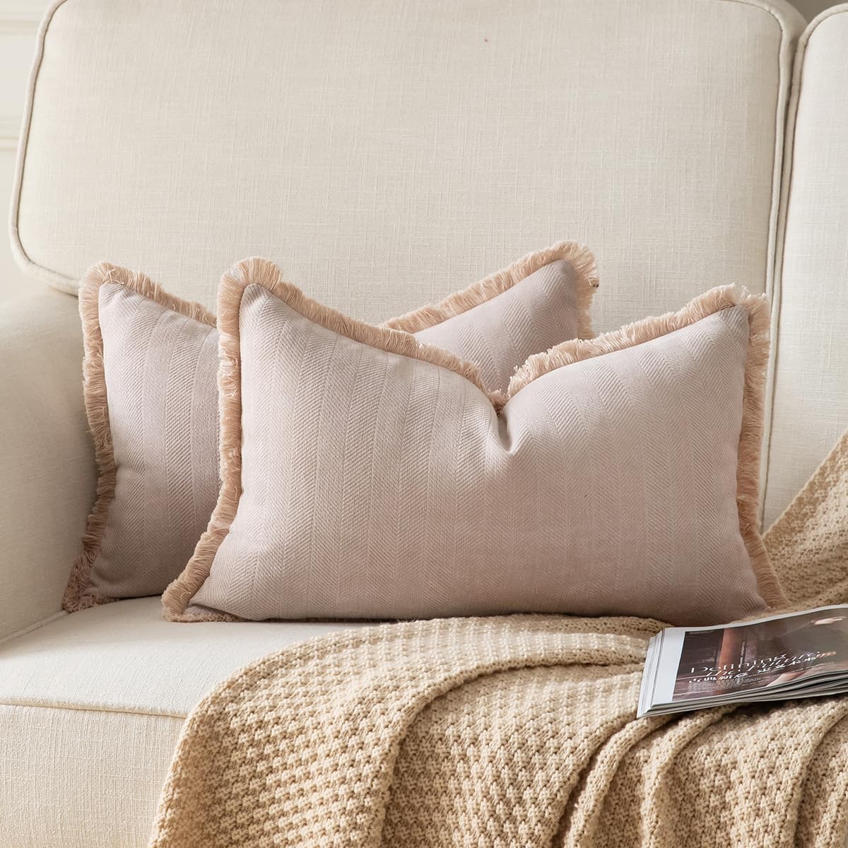 Set of 2 Decorative Fringe Throw Pillow Covers Chenille Pillow Covers Elegant Design Pillowcase Soft Tassels Cushion Cover for Couch Bed Home Decor,12×20 Inch,Beige