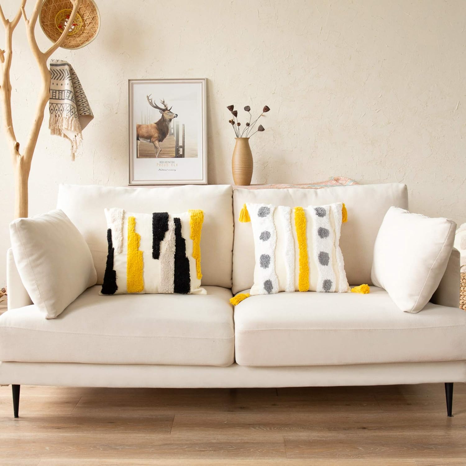 Woven Tufted Boho Throw Pillow Cover, Modern Decorative Geometric Irregular Black Ivory Yellow Striped Lines Cushion, Farmhouse Tribal Pillowcases for Couch Sofa Bedroom Living Room, 18 x 18 Inches