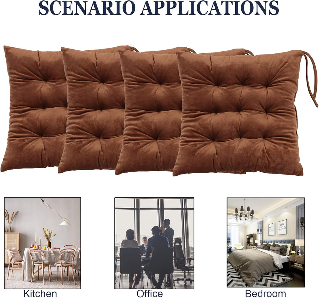 Set of 4 Square Chair Pads Indoor Seat Cushions Pillows with Ties Soft Comfortable Non Slip Chair Mat for Kitchen Dining Office Desk Living Room Outdoor Tatami 15.5" - Coffee