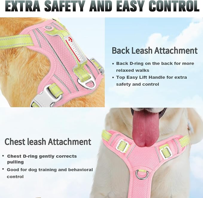BARKBAY No Pull Dog Harness Large Reflective Dog Harness with Front Clip and Easy Control Handle for Walking Training Running with ID tag Pocket(Baby Pink & Sunlight,XL)