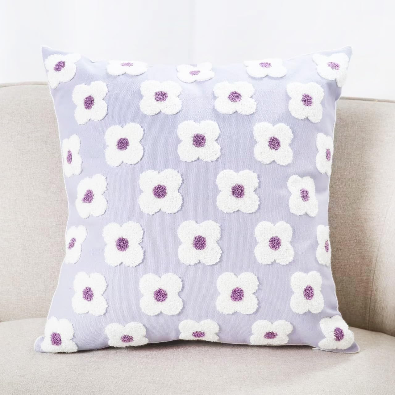 DECOBIRD Embroidery Throw Pillow Cover 20x20 Light Purple Floral Design Home Decor Loop Embroidered Pillow Case Thick Cotton Canvas Square Cushion Cover for Couch 50x50cm, 4 Petal Flowers 1 Piece