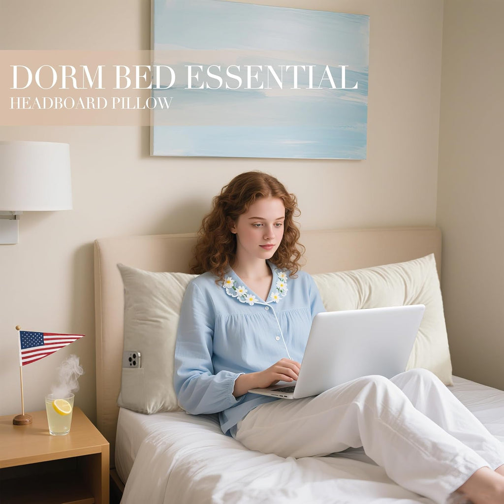 Triangular Wedge Headboard Pillows Twin XL Dorm Headboard Long Backrest Positioning Support Reading Bolster Pillow Side Pockets Wedge Pillow College Dorm Room Essentials Bed Bedroom Decor White