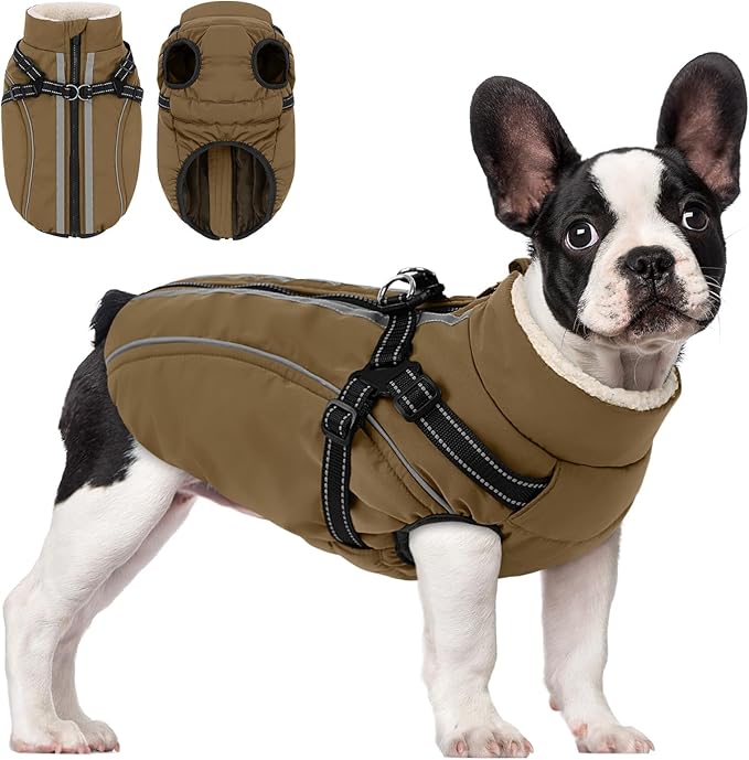 Dog Winter Coat with Harness Built in Warm Puffer Dog Jackets for Small Medium Large Dogs Windproof Waterproof Outfit with Plush Lining and Reflective Stripes (Brown, XL)
