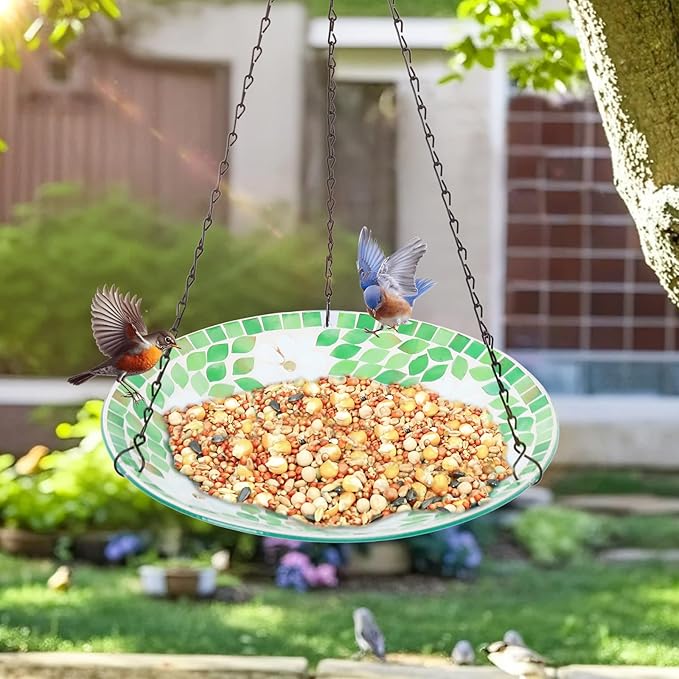MUMTOP Mosaic Hanging Bird Bath-Bird Baths for Outdoors - 12 Inch Glass Birdbath Bird Water Bowl Bird Feeders for Outside, Garden, Lawn Yard Decor（Flower & Leaf）