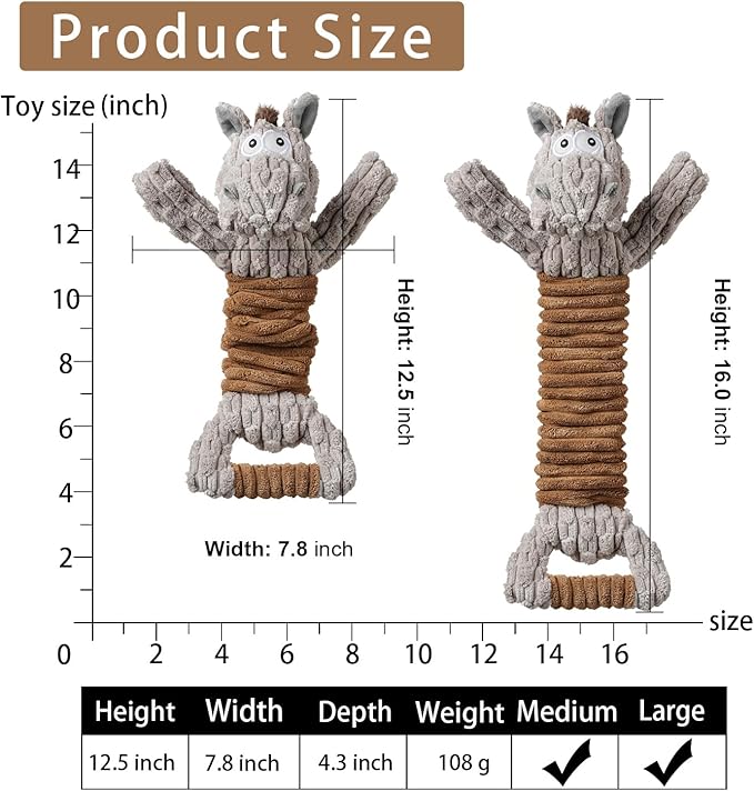 Squeaky Dog Toy, Durable Dog Toy Large Breed, Tug of War Dogs Interactive Toy, Stuffed Plush Puppy Toys with Crinkle Paper for Small, Middle, and Big Dogs(Tug of War Series, Donkey)