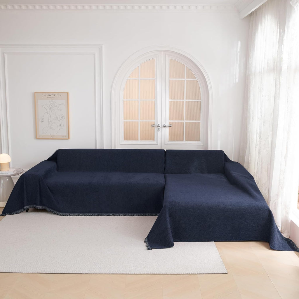 MYSKY HOME Couch Covers - Sectional Couch Covers for Pet Sofa, Non Slip Soft Couch Cover, Washable Furniture Protector with Tassel Sofa Throws, Living Room, 91"x118", Navy Blue