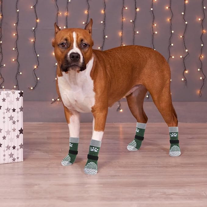 PUPTECK Anti Slip Dog Socks 2 Pairs with Double Grippers for Hardwood Floors, Shoes for Hot/Cold Pavement, Boots & Paws Protectors to Prevent Licking, Traction Booties for Senior Small Large Dogs
