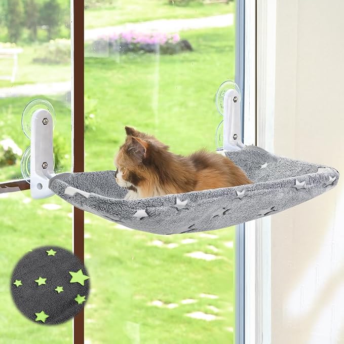 Cat Window Perch, Glow in The Dark Cordless Foldable Pet Hammock Bed for Window with Sturdy Metal Frame, Glowing Stars Pattern Resting Seat for Indoor Cats (Stars - M)