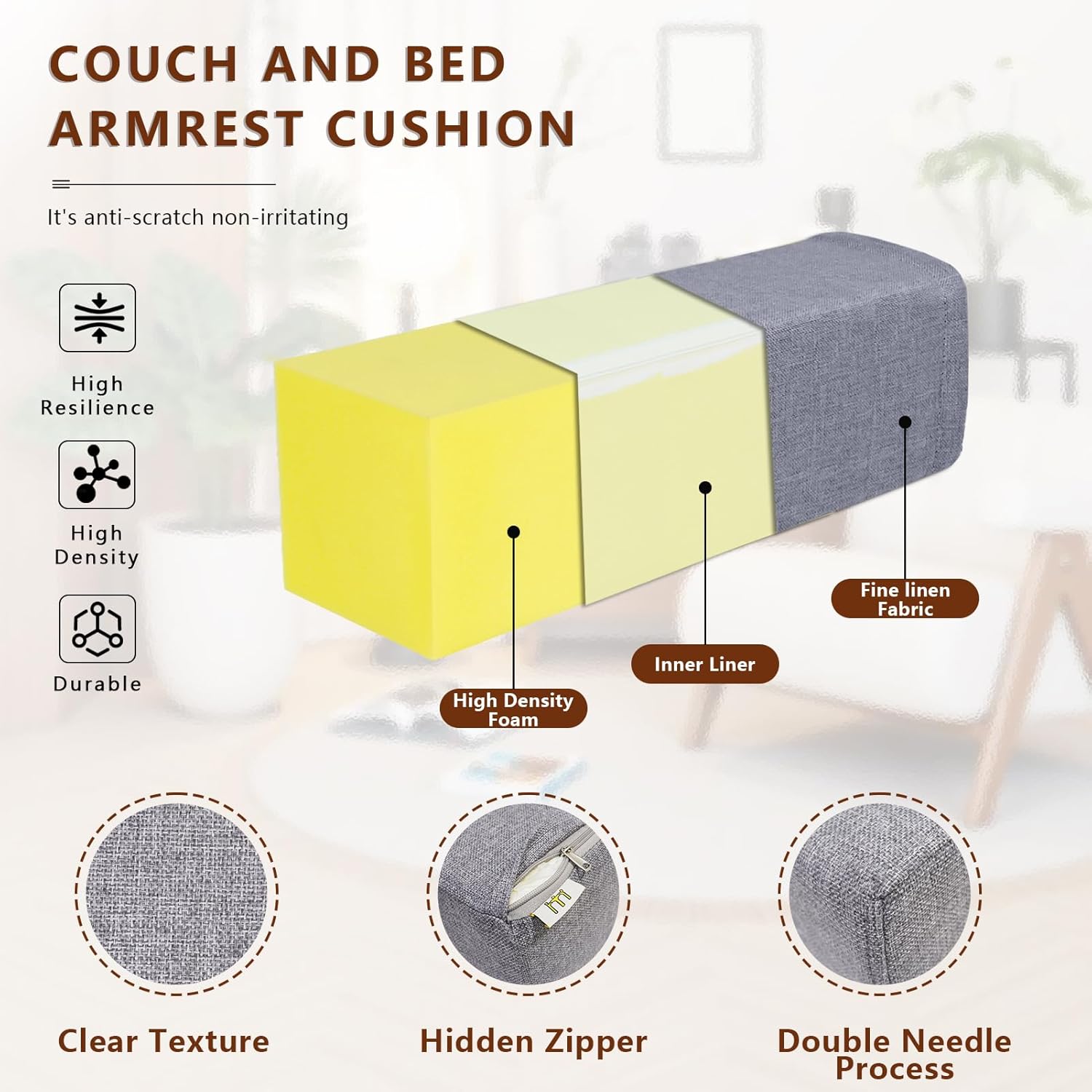 2 Pack Couch Arm Rest Pillow, 6''x6''x20'' Linen Cover, High Density Foam Armrest Cushion, Removable & Washable Elbow Support for Sofa, Bed, and Armchair (Grey)