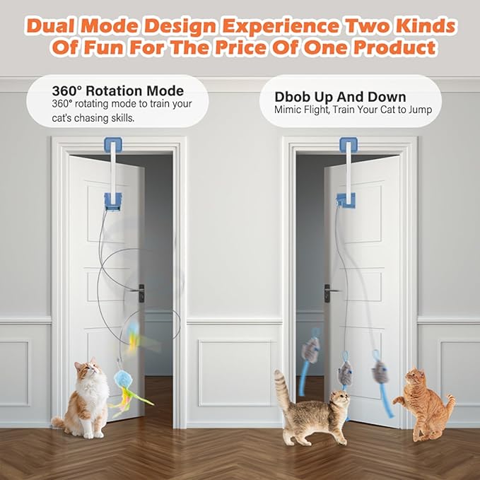 Rechargeable Electric Cat Teaser with Remote – Interactive Door Clip Toy for Cats, 2 Motion Modes (360° Spin & Irregular Jumping), Smart Auto Cat Toy for Exercise & Fun (Blue)