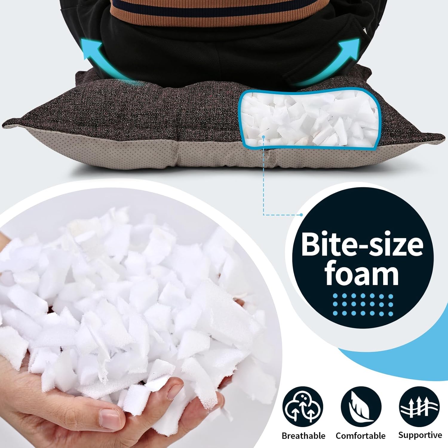 SINSOSSO Large Floor Pillows 22", Thickened Bite-Size Memory Foam Square Non-Slip Cushions for Office Back Support/Yoga/Chair Seat, Fashionable Color-Blocked Fabric & Washable, Dark Brown, 2 PCS