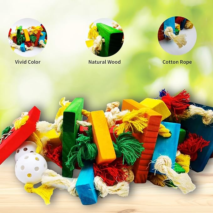 Interactive Parrot Toys for Large Birds, Cockatoo, Cockatiel, and Parakeet Toys, Original Wooden and Natural Material, Fun Durable and Eco-Friendly Bird Cage Toy