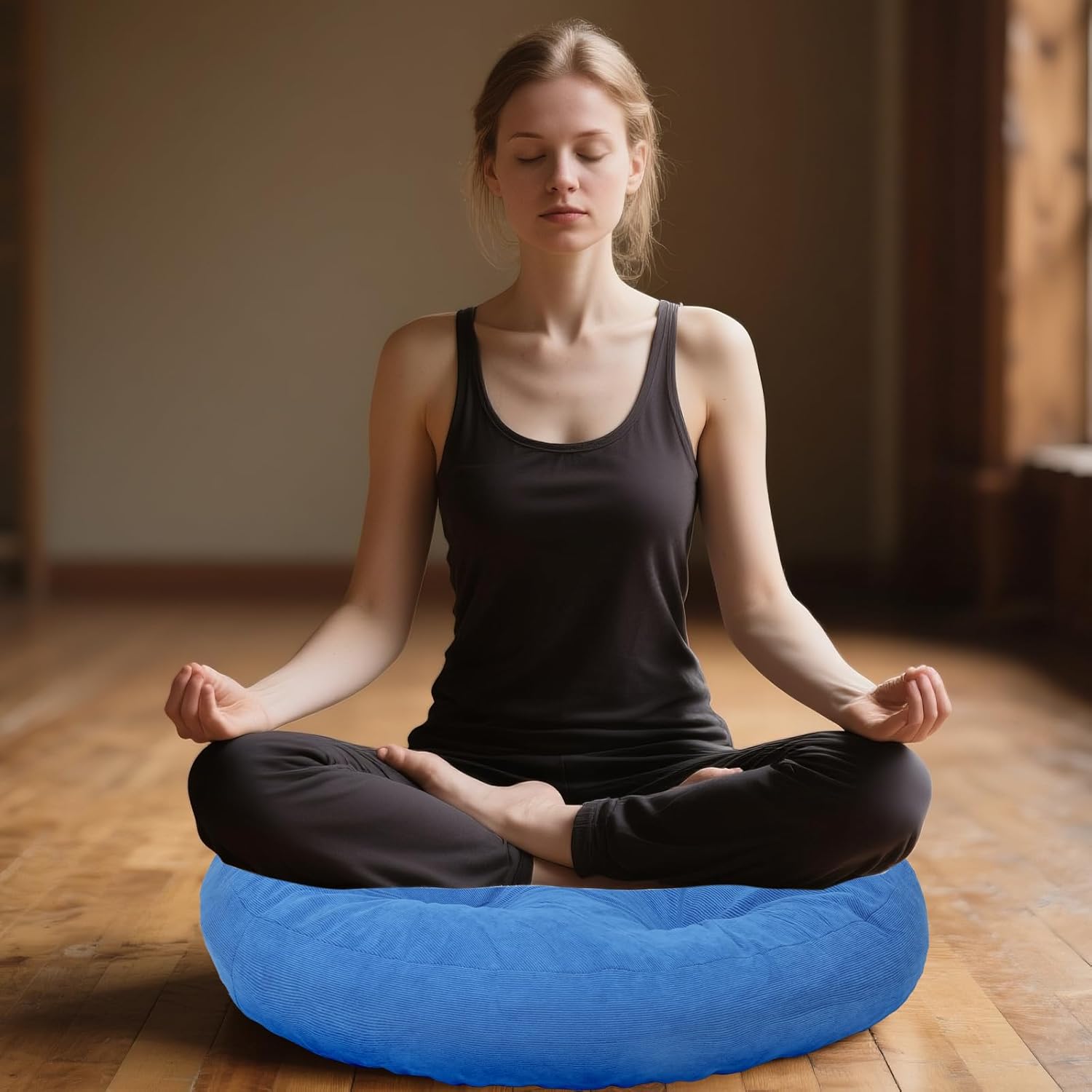 Meditation Floor Pillow Set of 2, Round Large Pillows Seating for Adults, Tufted Corduroy Cushion for Tatami Living Room, 22x22 Inch FP-Dblue-R