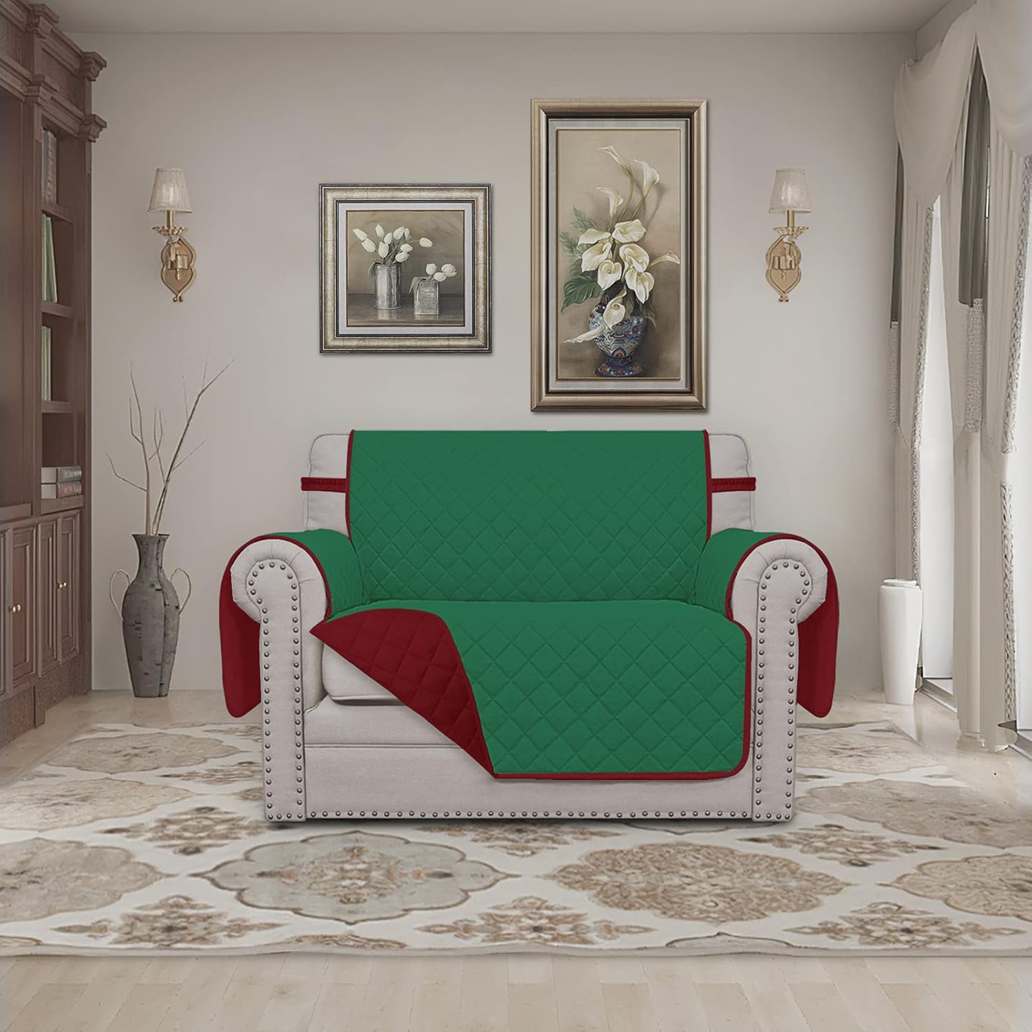 Easy-Going Oversized Chair Sofa Slipcover Reversible Sofa Cover Water Resistant Couch Cover Furniture Protector Cover with Elastic Straps for Pets Dog (Oversized Chair, Green/Christmas Red)