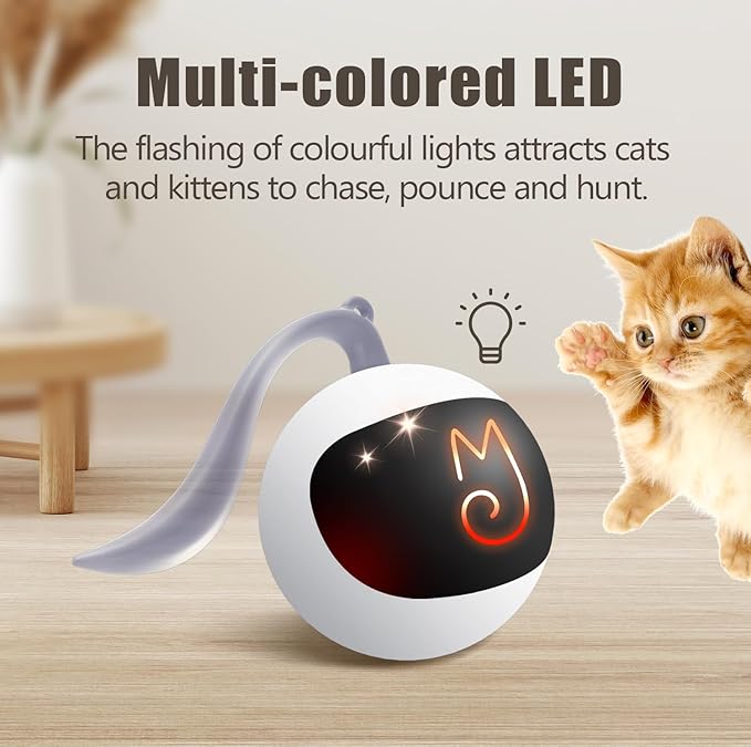 Migipaws Interactive Cat Ball Toy Set, Fun Tracker, Automatic Rolling Chase Ball with Fluffy Tail, A Small Mice, Rechargeable (White)