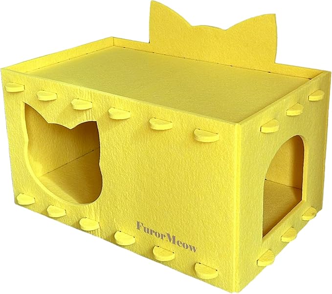 Cat House Cat Ear Design, Large Spacious Cozy Indoor Cat Bed Cave, Scratch Resistant Strong Thick Premium Felt Condo, Fun Hideaway for Multiple Cats, 21.5x13x11.6 inches (Bright Yellow)
