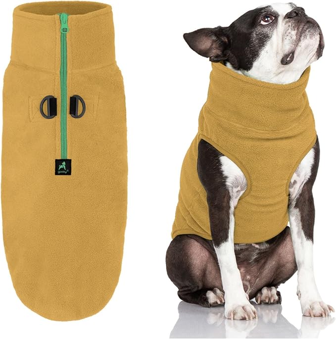Gooby Half Zip Up Fleece Vest Dog Sweater - Sand, Medium - Soft Warm Pullover Fleece Head-in Dog Jacket with Dual D Ring Leash for Small to Medium Dogs