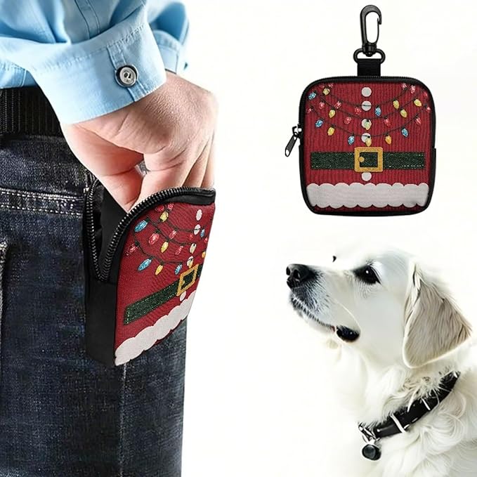 KEIAHUAN Christmas Small Dog Treat Pouch Red Hands Free Dog Walking Bag with Carabiner Dogs Poop Bag Holder Zipper Closure Dogs Training and Behavior Aids Mini Coin Purse