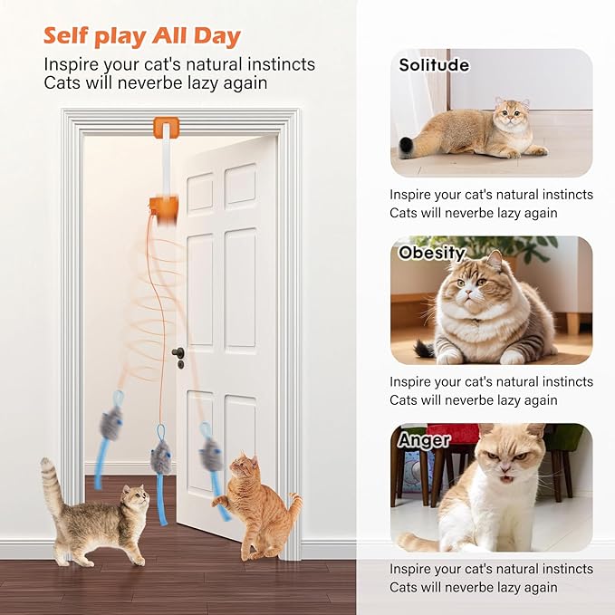 Interactive Cat Toy, Flapping Bird & Rotating Feather Teaser for Indoor Cats, Hanging Doorway Cat Toys with Fishing Pole for Exercise, Boredom Relief & Fun Games