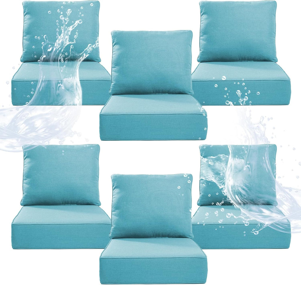 6" Thicker Outdoor Chair Cushion 6 Sets - 24" *24" *6" Waterproof Patio Furniture Cushions with Removable Cover, 28D High Density Sponge Filling Thicken Outdoor Patio Cushions - Turquoise