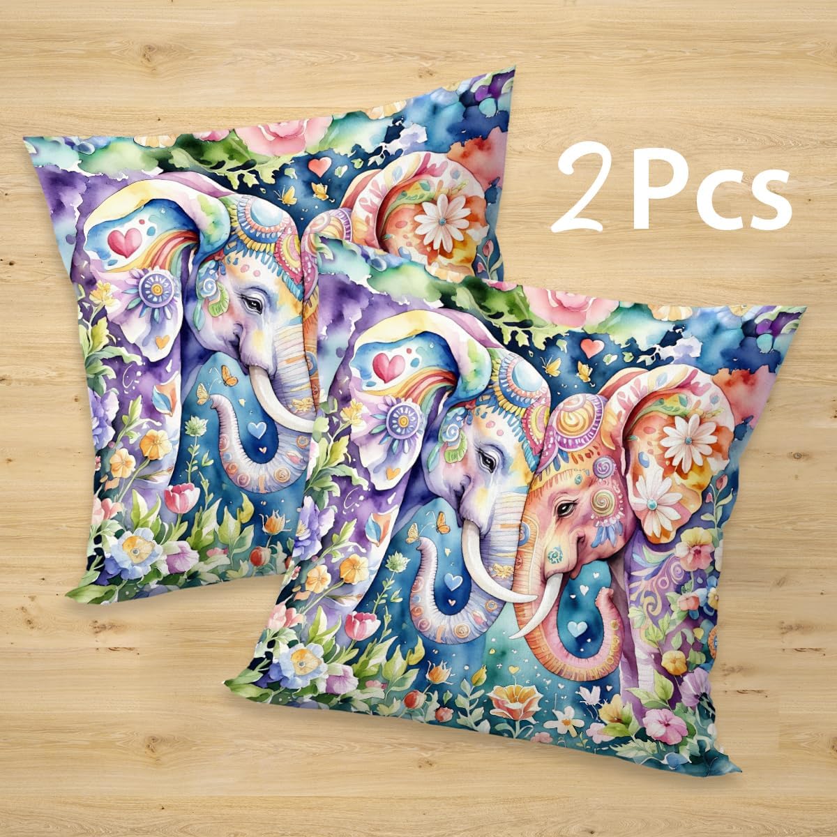 2 Pcs Watercolor Elephant with Floral Decorative Throw Pillow Covers, Cute Colour Elephant Square Decorative Cushion Cover for Women Friend Sister Coworker Birthday Christmas