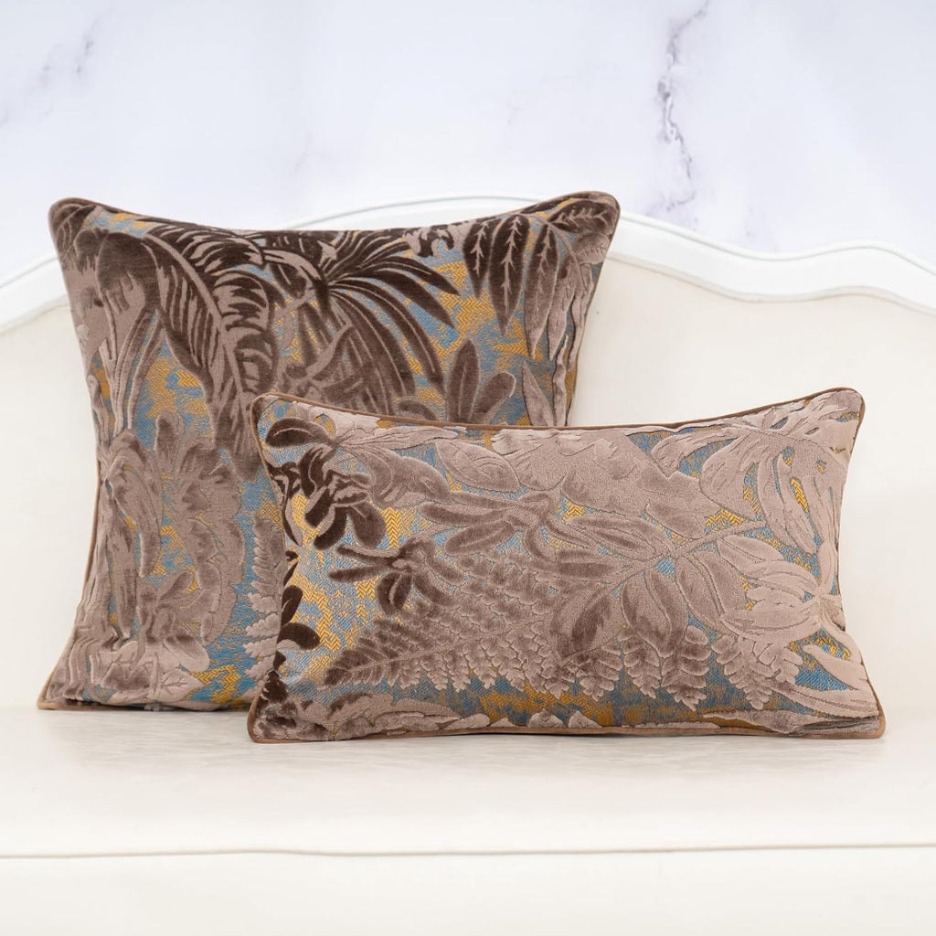Alerfa Brown Throw Pillow Cover 12x20 Inch, Rectangle Cut Velvet Maple Leaf Embroidery Luxury Farmhosue Lumbar Decorative Pillow Cover for Couch Living Room Bedroom