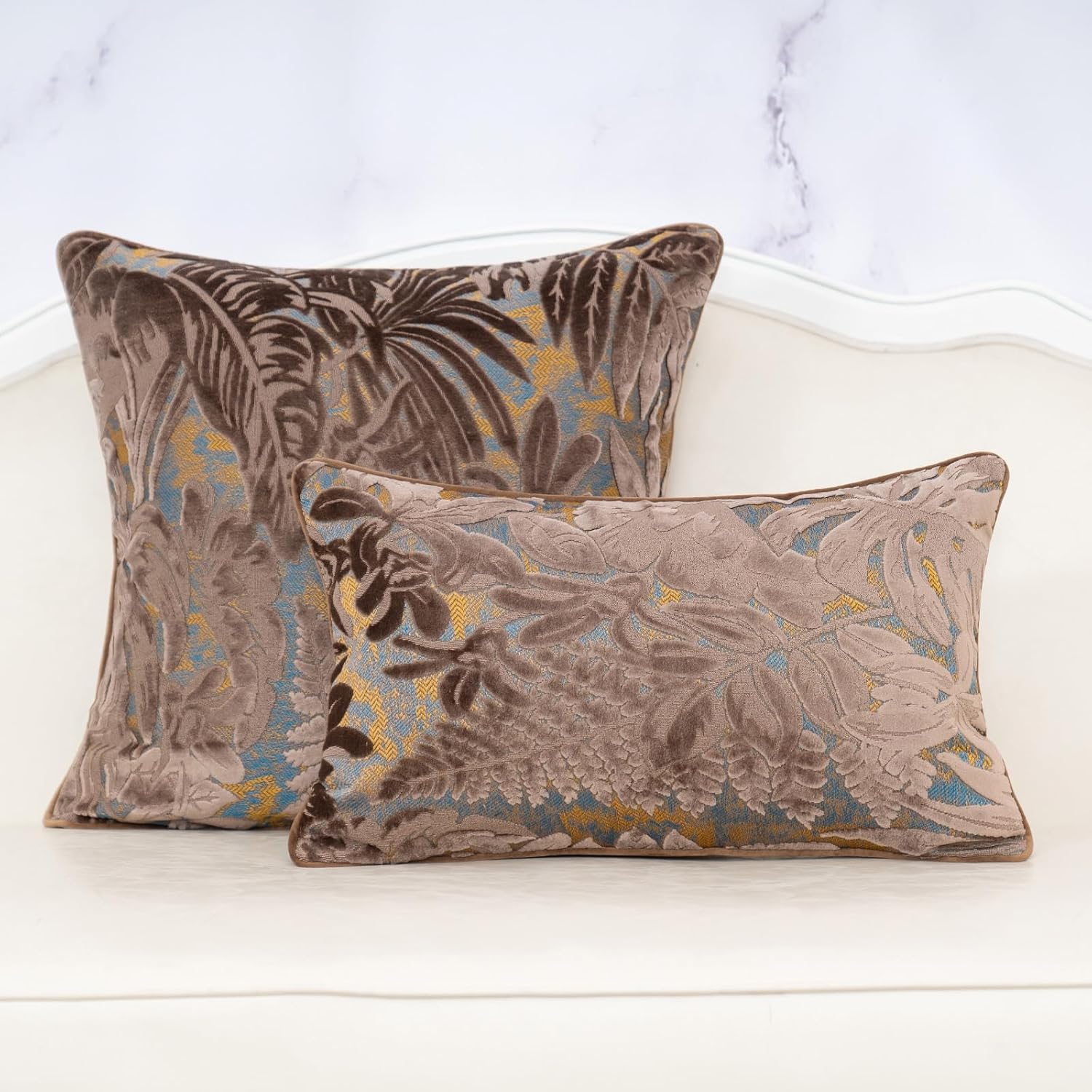 Alerfa Brown Throw Pillow Cover 12x20 Inch, Rectangle Cut Velvet Maple Leaf Embroidery Luxury Farmhosue Lumbar Decorative Pillow Cover for Couch Living Room Bedroom