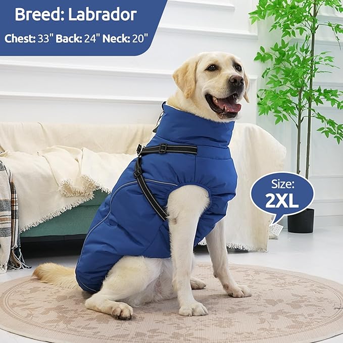 Dog Winter Coat with Harness Built in Warm Puffer Dog Jackets for Small Medium Large Dogs Windproof Waterproof Outfit with Plush Lining and Reflective Stripes (Blue, 3XL)