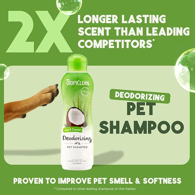 TropiClean Deodorizing Dog Shampoo for Smelly Dogs, Powerful Odor Control, Puppy Safe, Made in the USA, Aloe & Coconut Scent, Cat Friendly, 20oz.