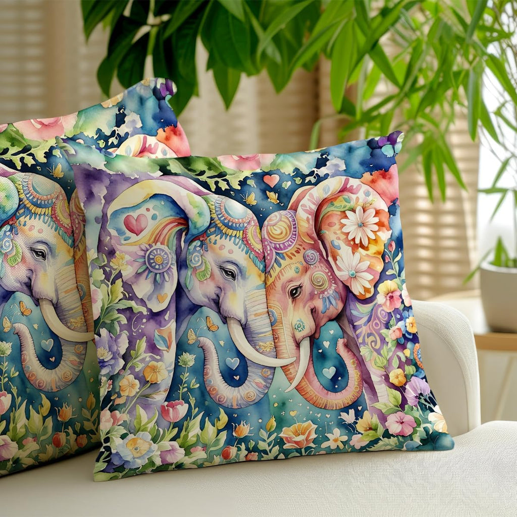 2 Pcs Watercolor Elephant with Floral Decorative Throw Pillow Covers, Cute Colour Elephant Square Decorative Cushion Cover for Women Friend Sister Coworker Birthday Christmas