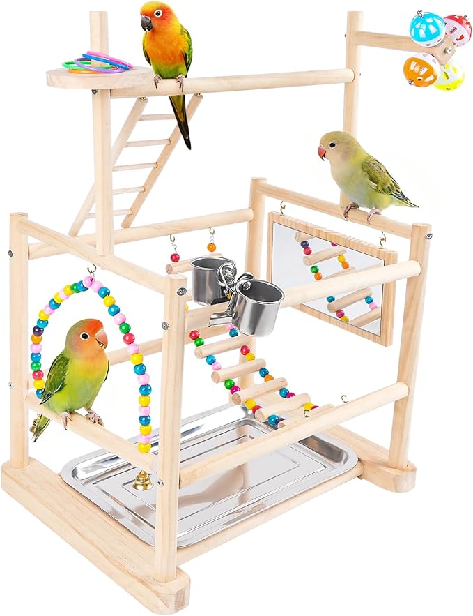 Bird Playground, Parrot Playground Parrot Perch Stand 3 Layer Bird Tree Stand with Feeder Cups, Ladder, Parakeet Mirror, Parakeet Toys and Removable Tray for Small to Medium Birds