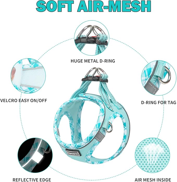 Mercano Soft Mesh Dog Harness and Leash Set, No-Chock Step-in Reflective Breathable Lightweight Easy Walk Vest Harnesses with Safety Buckle for Small Dogs, Cats (Light Blue, M)