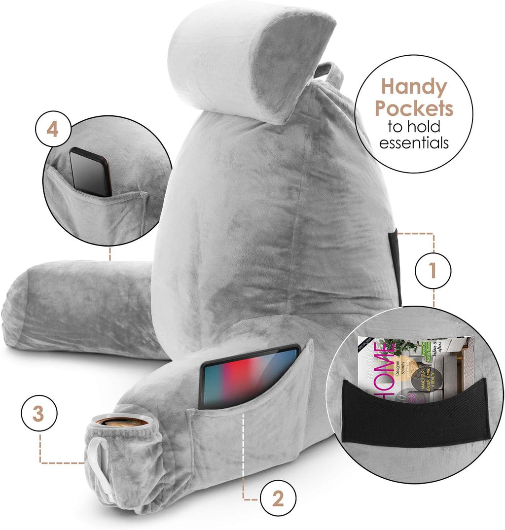 Nestl Reading Pillow with Shredded Memory Foam Includes 2 Neck and Lumber Support Pillows, Designed for Sitting Up in Bed and Couch, Back and Arms Adjustable Support for Adult & Teens, Light Grey