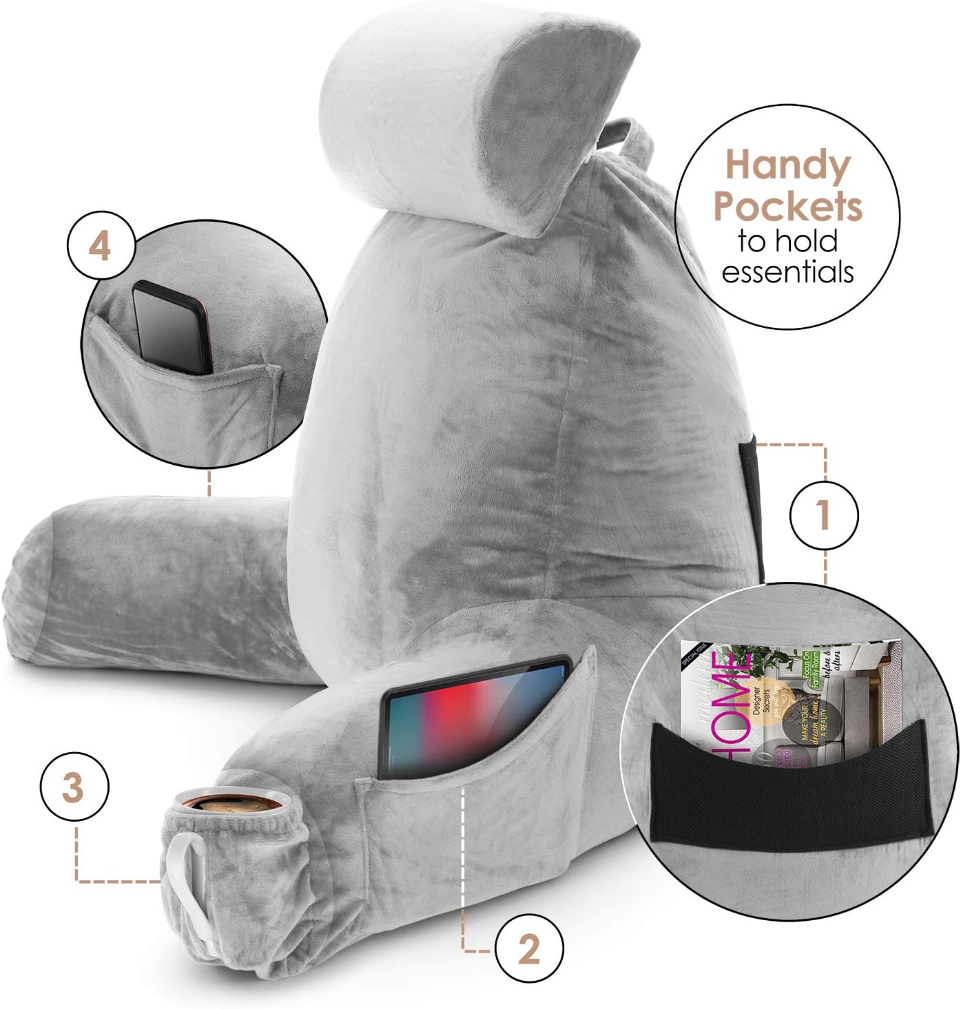 Nestl Reading Pillow with Shredded Memory Foam Includes 2 Neck and Lumber Support Pillows, Designed for Sitting Up in Bed and Couch, Back and Arms Adjustable Support for Adult & Teens, Light Grey