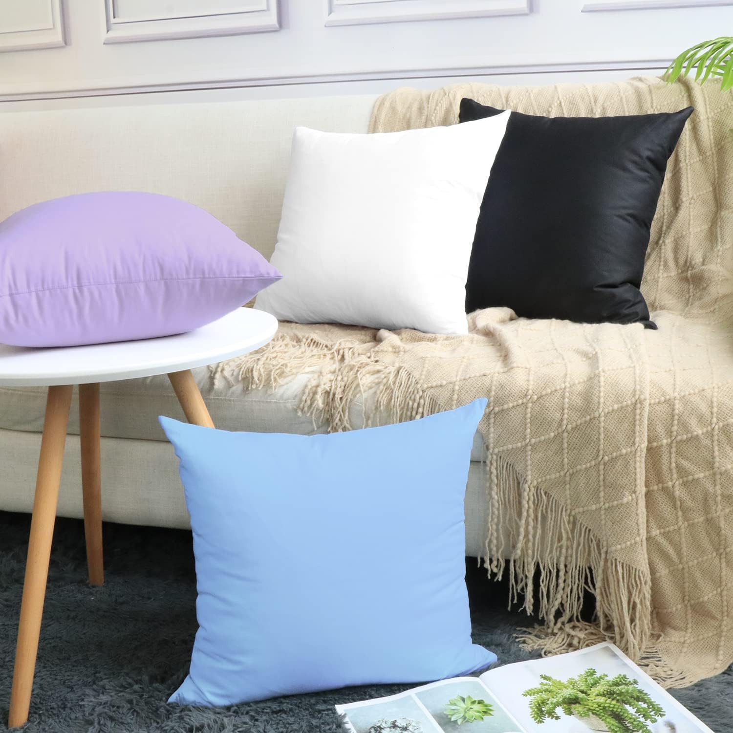 4-Pack 100% Cotton Comfortable Solid Decorative Throw Pillow Case,Thmyo Square Cushion Cover Pillowcase Sublimation Blank Pillow Covers DIY Throw Pillowcase for Sofa(16x16 inch/ 40x40cm,Light Purple)