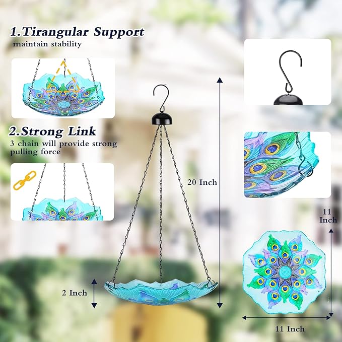 MUMTOP Hanging Bird Bath - Bird Baths for Outdoors, Peacock Glass BirdBath Outdoor Birdfeeders for Garden and Patio Decor