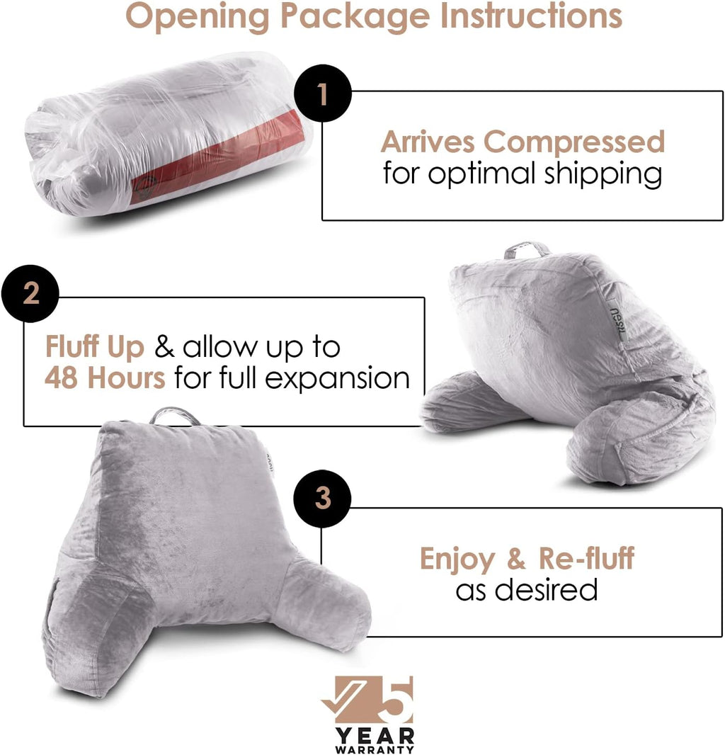 Nestl Reading Pillow with Shredded Memory Foam, Designed for Sitting Up in Bed and Couch, Back and Arms Adjustable Support for Adult & Teens Backrest Pillows for Reading, Washable Cover, Grey Lavender