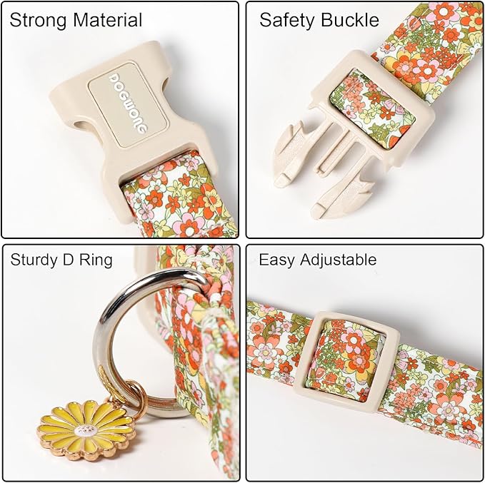 DOGWONG Flower Dog Collar, Orange Daisy Flower Dog Collar Adjustable Soft Fabric Girl Pet Dog Collars Cute Puppy Necklace for Small Medium Large Dogs