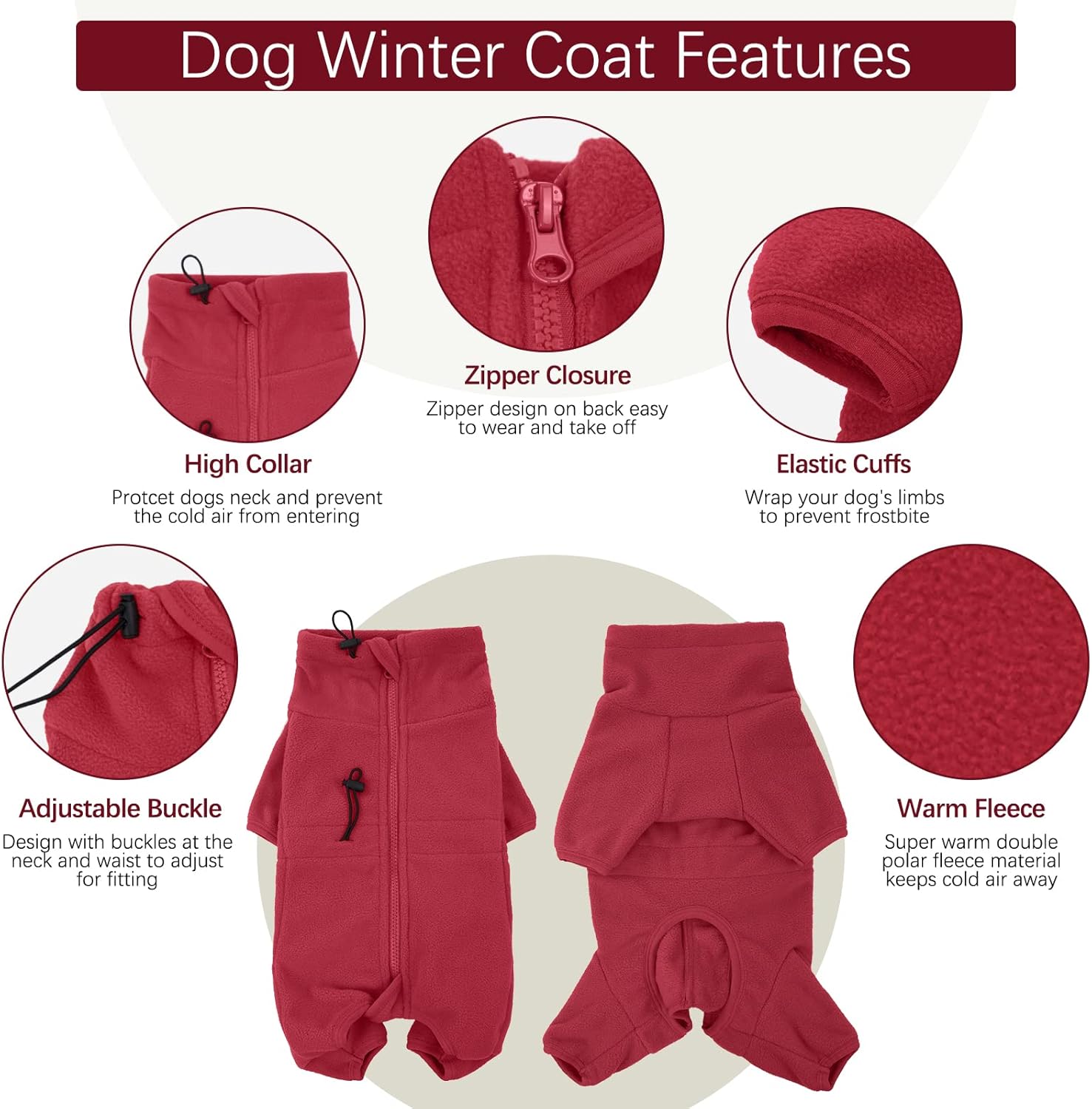 ROZKITCH Dog Winter Coat Soft Fleece Pullover Pajamas, Pet Windproof Warm Cold Weather Jacket Vest Cozy Jumpsuit Apparel Outfit Clothes for Small Medium Large Dog Walking Hiking Sleep Red XL
