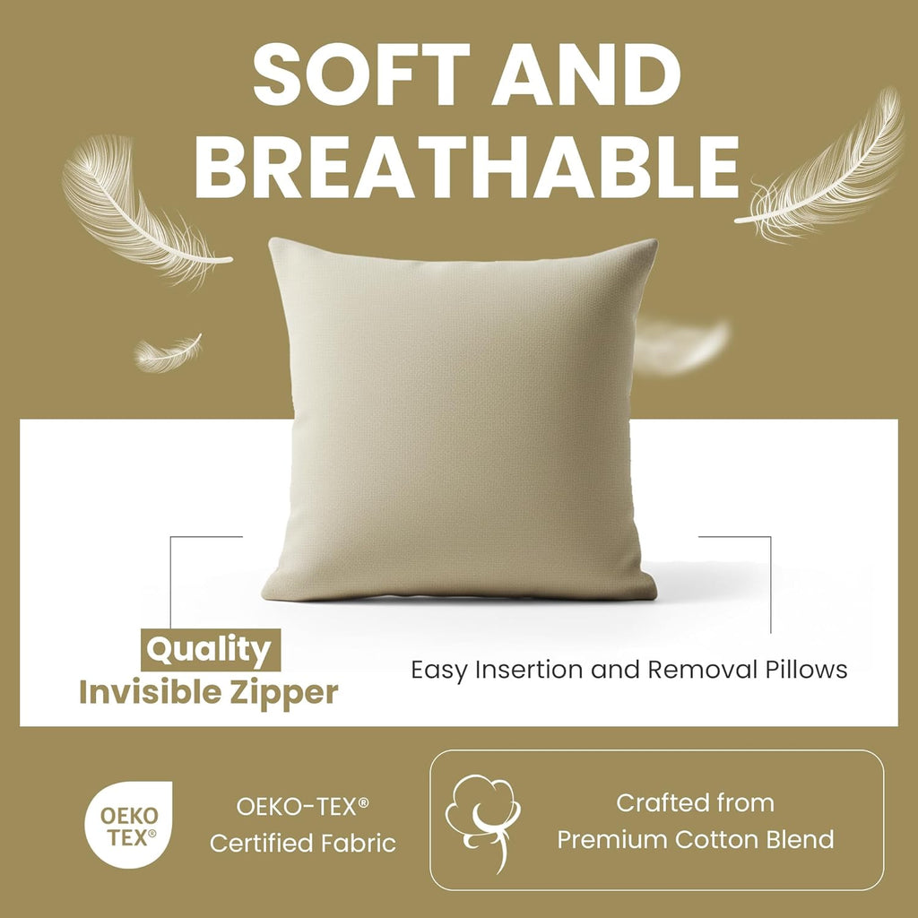 Haven & Glow Decorative Throw Pillow Cover – Square Cushion Case with Zipper | Modern Sofa, Couch & Bed Accent Pillow Covers for Living Room, Bedroom & Home Decor | 18 x 18 Inch – Khaki – Pack of 2