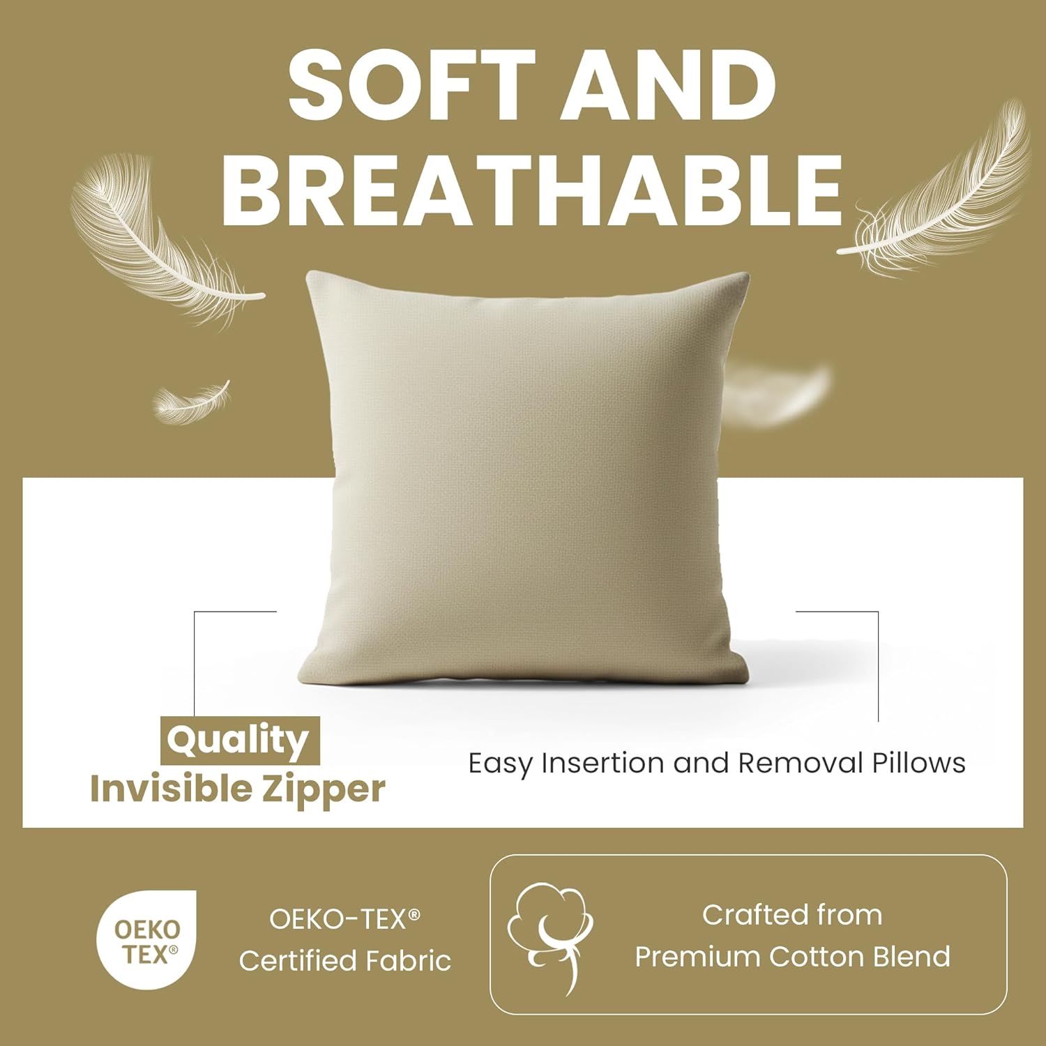 Haven & Glow Decorative Throw Pillow Cover – Square Cushion Case with Zipper | Modern Sofa, Couch & Bed Accent Pillow Covers for Living Room, Bedroom & Home Decor | 18 x 18 Inch – Khaki – Pack of 2