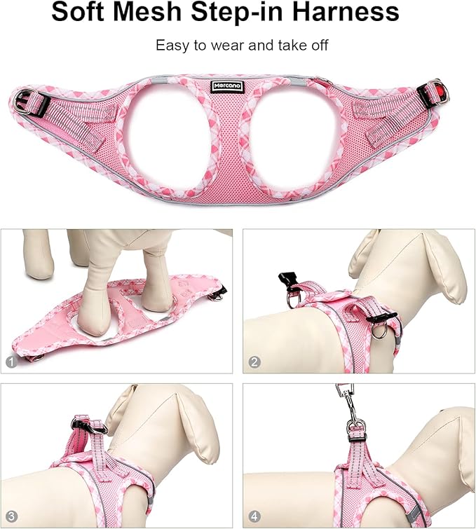 Mercano Soft Mesh Dog Harness and Leash Set, No-Chock Step-in Reflective Breathable Lightweight Easy Walk Vest Harnesses with Safety Buckle for Small Dogs, Cats (Pink, M)