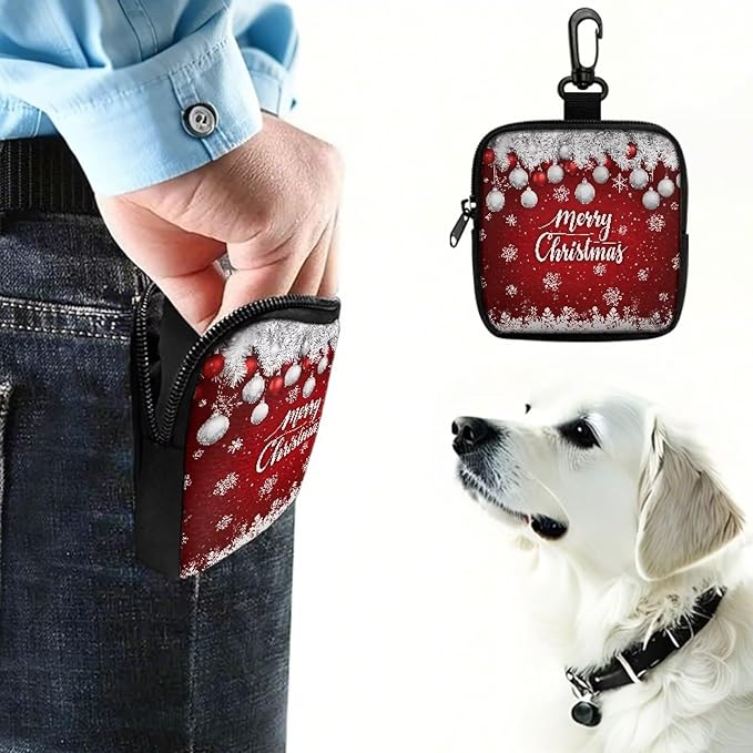 KEIAHUAN Christmas Dog Training Treat Pouch with Carabiner Hands Free Dog Walking Bag Small Fanny Zipper Pack Holder for Puppy with Zipper Closure for Pet Training Walking (Red)