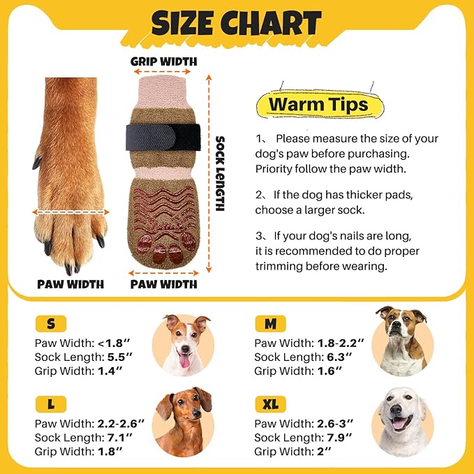 SlowTon Dog Socks with Double-Sided Grippers - 4PCS Dogs Grip Socks for Hot & Cold Pavement or Hard Floors, Non-Slip Paw Traction Protectors for Senior Small Medium Large Dogs(Brown, L)